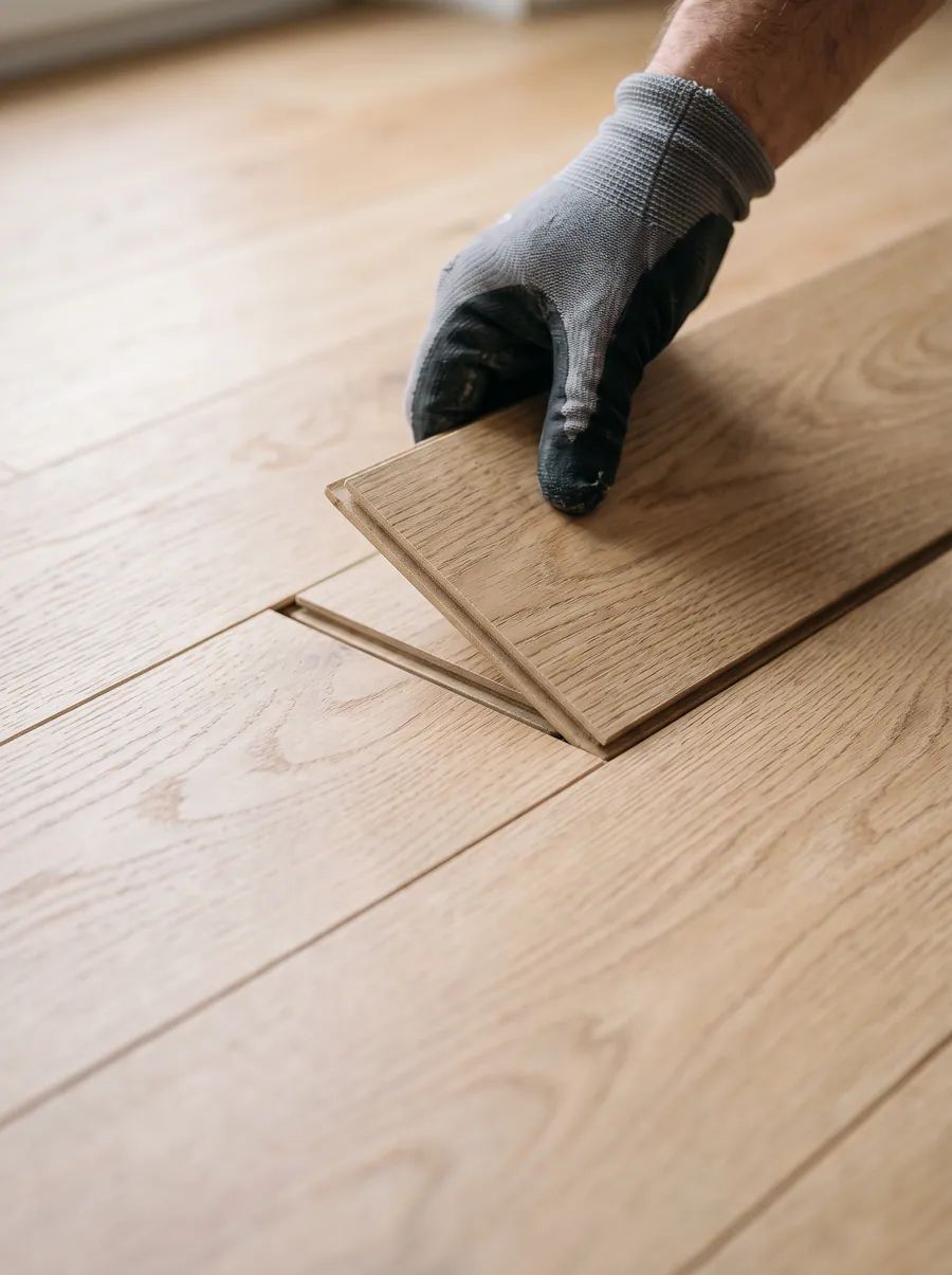 Laminatdiele wird mit Handschuhen eingeklickt